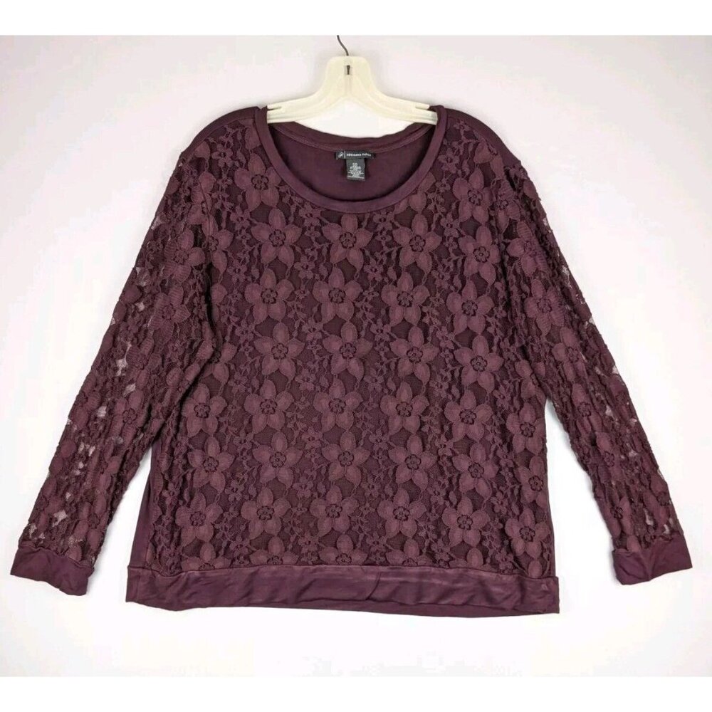 Adrianna Papell Top XXL‎ Merlot Long Sleeve Floral Lace Sheer Sleeve